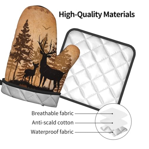 Forest Deer Oven Mitts and Pot Holder Kitchen Accessories Sets Wildlife Animal Heat Resistant Oven Gloves Hot Pads for Baking Cooking BBQ (Forest Deer)
