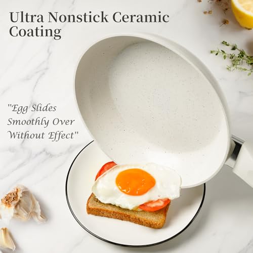 Nonstick Ceramic Frying Pans Skillets Set with Lid 8"+9.5"+11" (Cream White)