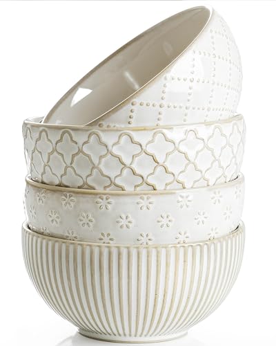 Ceramic Bowl Small Soup Bowls Set of 4 with Assorted Embossment (4.5" x4)