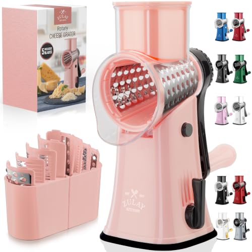 Rotary Cheese Grater Manual Hand Crank 5 Blade Shredder (5 Blades / Peach & Black)