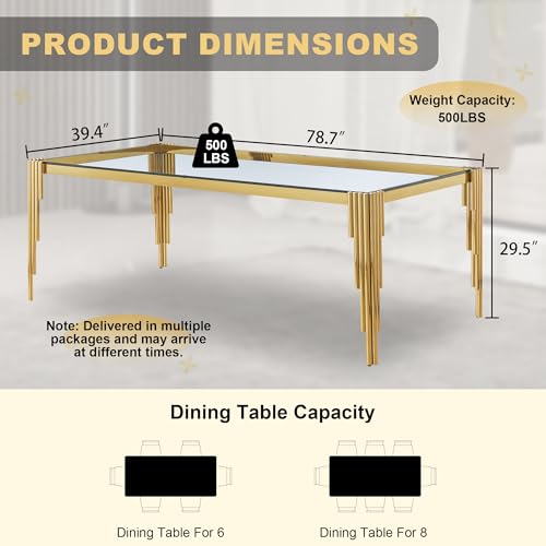 78'' Modern Glass Dining Table for 6 (Gold-clear / Rectangle-78.74" L x 39.37" W x 29.53" H)