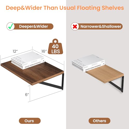 16W x 12D Deep Floating Shelves Set of 2 Walnut (Walnut With Black Metal Bracket / 16wx12dx5.8h)