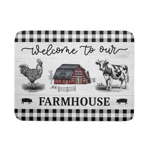 Farmhouse Barn Dish Drying Mat 18x24 Inch Cow Rooster Absorbent Microfiber Dish Drainer Rack Pad Bottles Protector for Kitchen Counter (farm barn / 18" x 24")