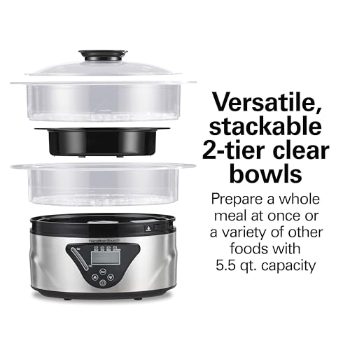 Digital Electric Food Steamer & Rice Cooker for Quick (Black & Stainless Steel / Stackable Two-Tier Bowls, 5.5 Quart)