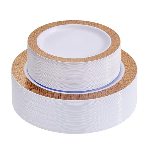 102 Pcs Wood Grain Brown Plastic Plates (102 Pieces / Brown)