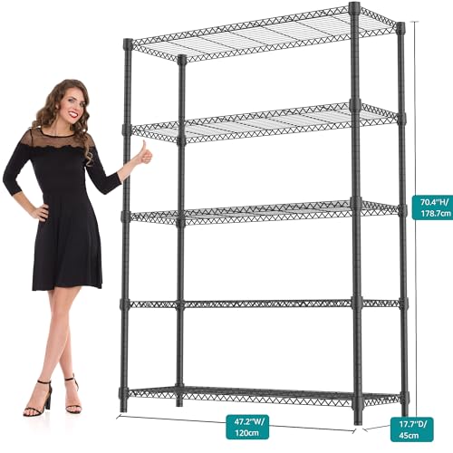 1750LBS 47.2" W 5 Tiers Shelf Steel Storage Shelves Shelving Unit Steel Organizer Wire Rack for Home (5 tier, 17.7" D x 47.2" W x 72.4" H / Black)