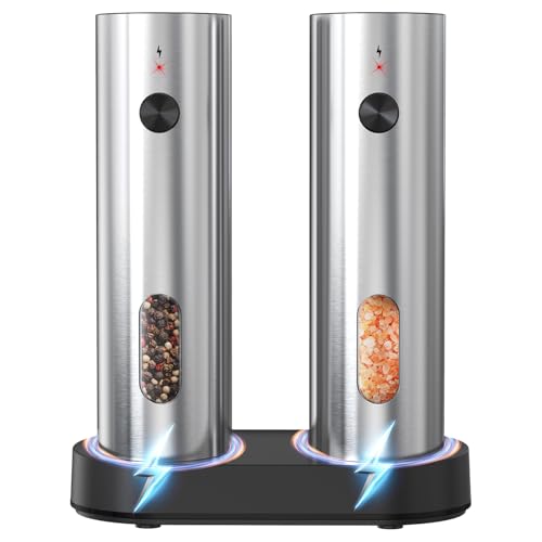 Electric Salt and Pepper Grinder Set with Charging Base (Sliver)