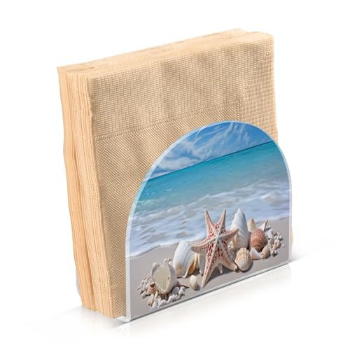 Starfishes Beach Seashells Napkin Holder for Table Paper Napkins Holder Acrylic Tissue Dispenser Kitchen Dining Room Bathroom Party Car Decor (NH071 / 4.1x4.9x1.97in)