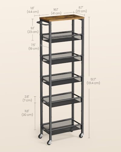 6 Tier Slim Rolling Storage cart with Wheels (Rustic Brown + Matte Black / 6 Tiers (8.7"D x 51.7"H))