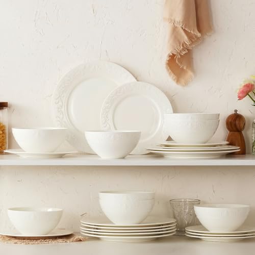 18Pcs Vintage Relief White Bone China Set (White-Retro Embossed / service for 6-18pcs)