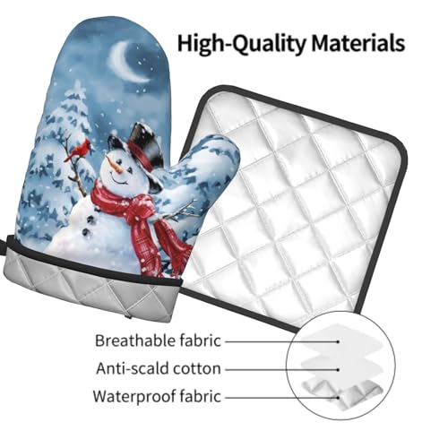 Blue Snowman Oven Mitts and Pot Holder Set of 2 Winter Snow Kitchen Gloves Potholders Heat Resistant for Chef Baking Cooking Grilling BBQ (Blue Snowman)