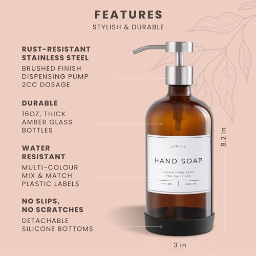Hand and Dish Soap Dispenser for Kitchen and Bathroom (Amber Bottle / Brushed Silver Pump)