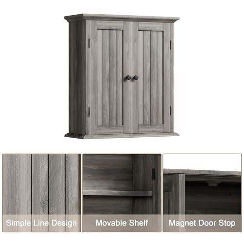 Bathroom Wall Cabinet with 2 Doors (Retro Grey / 8.8"D x 21.1"W x 24"H)