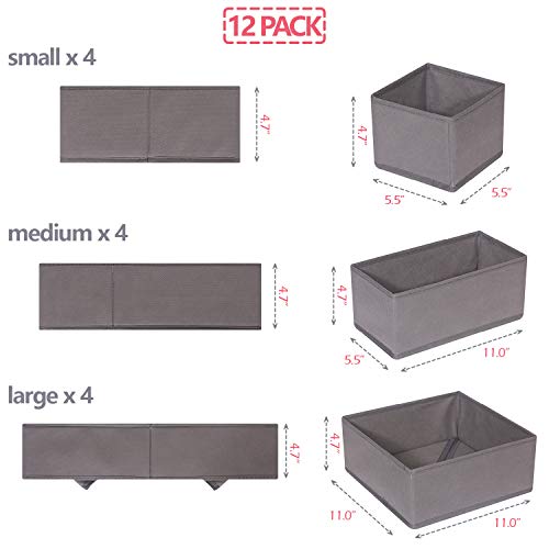 12 Pack Foldable Cloth Storage Box Closet Dresser Drawer Organizer Fabric Baskets Bins Containers Divider for Baby Clothes Underwear Bras Socks Lingerie Clothing (12 Count)