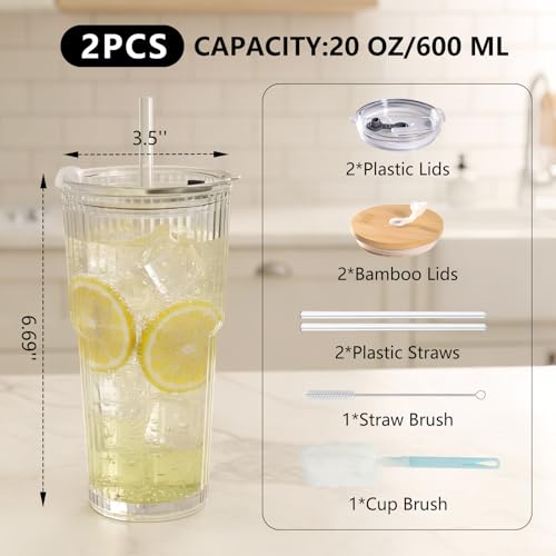 Ribbed 2pack 20oz Glass Cups with Bamboo & Plastic Lids and Straws (Transparent with Stripe / 20oz-2pack)