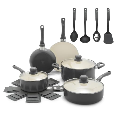 16pc Ceramic Nonstick Pots & Pans Cookware Set (16 Piece Cookware Set / Bloom / Graphite Black)