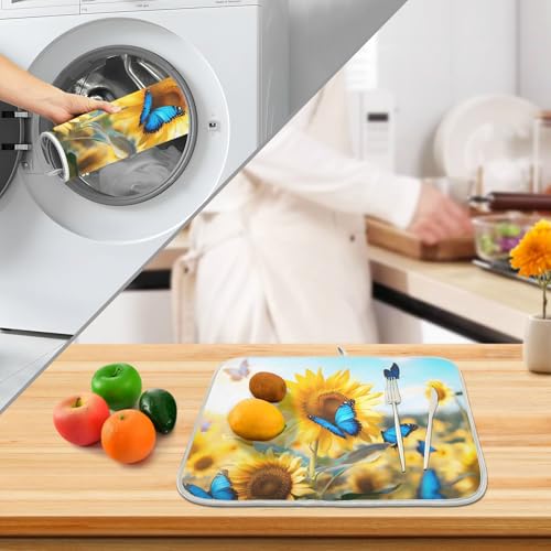 Blooming Sunflowers Blue Butterfly03 Dish Drying Mat for Kitchen Counter Absorbent Microfiber Small Drying Pad Dish Mats for Kitchen Countertops 16 x 18 Inch (18" x 16")