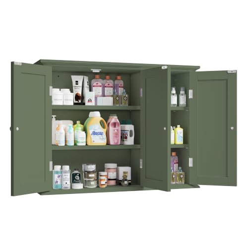 Laundry Cabinet with 3 Doors and Adjustable Shelves (Green / 9.06"D x 31.1"W x 23.4"H)