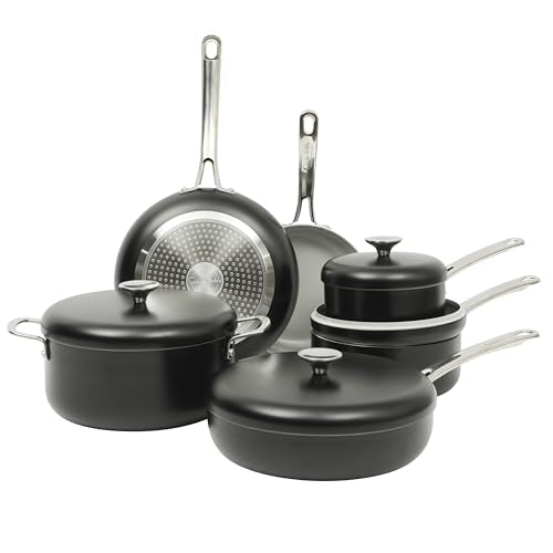 Kitchen Essentials Potluck Porch 10 Piece PFA Free Ceramic Non stick Interior Forged Aluminum Cookware Pots and Pans Set W (10-Piece Cookware Set / Black)