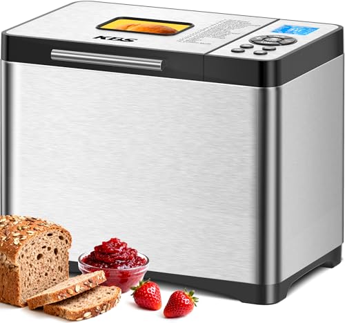 19-in-1 Programmable Bread Maker, 2.2LB Bread Machine with Healthy Ceramic Pan, Stainless Steel Bread Maker Machine with 15H Timer& 1H Keep Warm, Sourdough, Gluten Free, 3 Crust Colors, 53 Recipes (Solid Silver Stainless Steel)