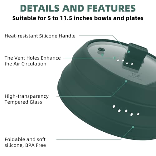 Tall Microwave Splatter Cover Glass Cover Guard Lid 5.8 inch Height with Collapsible Silicone for Food Pot Plate 10.5 inch Dark Green (Taller style Dark Green / 10.8 inch)