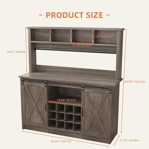 55” Farmhouse Coffee Bar with 4 Tier Storage Hutch (55.1Inch / Grey)