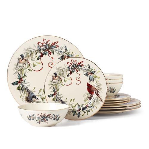 Winter Greetings Christmas Dinnerware Plate and Bowl Set (12-Piece Dinnerware Set - Includes Pasta Bowls)
