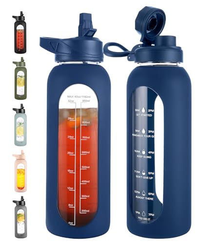 40 oz Glass Water Bottle with Straw (.Navy / 40 Ounces)