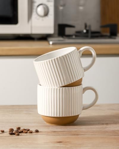 15 oz Ribbed Stackable Ceramic Coffee Mug Set of 4 (White & Light Brown / 15 Ounces)