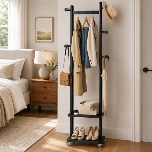 Small Clothes Rack Solid Wood Coat Rack Freestanding with Wheels