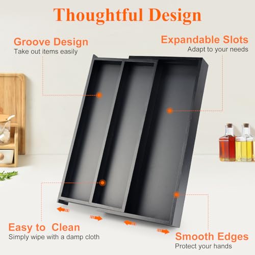 Expandable Black Bamboo Kitchen Utensils Drawer Organizer Silverware Tray ((8"-12.6")x 15.7" / Black)