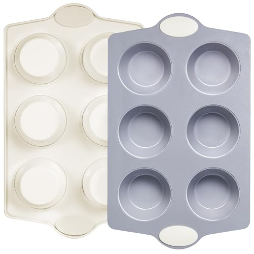 2-Pack 6-Cup Non Toxic Nonstick Ceramic Jumbo Muffin Pan & Cupcake Tin, PFOA & PFOA Free, Heavy Duty Rust-Resistant Aluminized Steel, Oven Safe, Cream White (Cream / 6 Cup Jumbo Muffin Pan (2 pack))