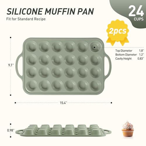 2 Packs 24 Cups Silicone Muffin Pan with Metal Reinforced Frame Mini Size Cupcake Pan Tray Egg Bites Silicone Circle Cookie Molds Muffin Tin Tart Pans Baking Sheet Set for Breakfast Sandwiches (2pc: 24-Cup Mini / Morandi Green)