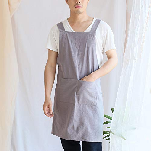 Japanese Linen Cross Back Kitchen Cooking Aprons for Men with Pockets for Baking Painting Gardening Cleaning Gray