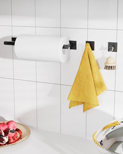 Black Paper Towel Holder Under Cabinet with 2 Hooks Self Adhesive