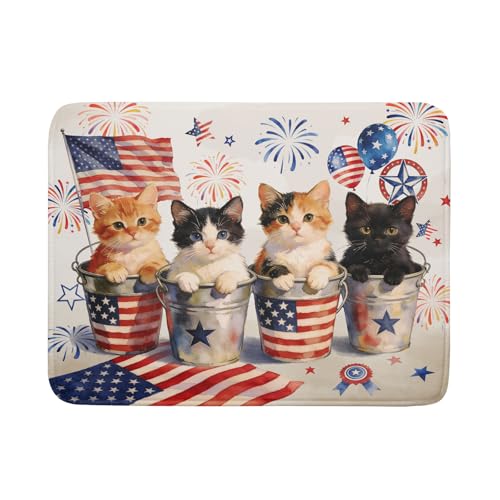 Vintage Patriotic Dish Drying Mat Cute Cats American Flag Drying Matt Kitchen Counter for Home Decor (Patriotic Cat White / 24" x 18")