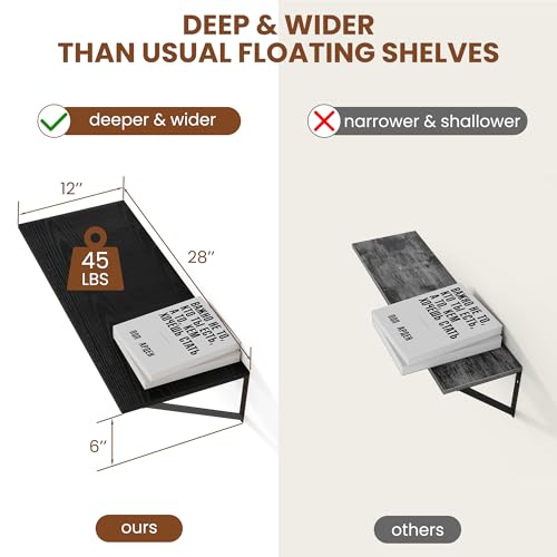 28W x 12D Deep Floating Shelves Set of 2 Black (Black With Black Metal Bracket / 28Wx12Dx5.8H)
