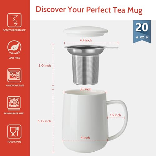 20 OZ Porcelain Tea Mug with Infuser and Lid (White)