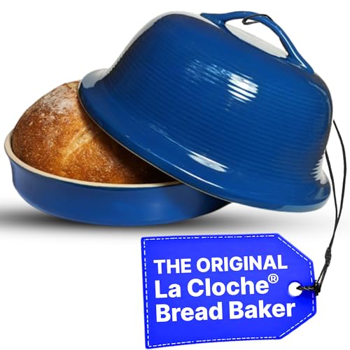 Superstone® Stoneware La Cloche® Bread Baker with Blue Glazed Exterior and Unglazed Interior Bakes an Artisan Bread with Crusty Crust and a Light Crumb (Blue)