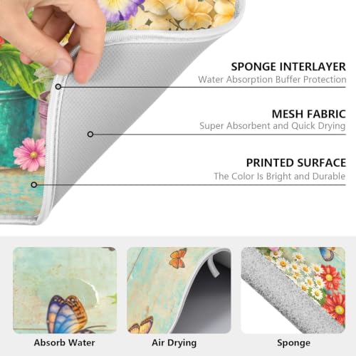 Spring Floral Butterfly Rustic Dish Drying Mat for Kitchen Counter Absorbent Microfiber Small Drying Pad Dish mats for Kitchen Countertops 16 x 18 Inch (Spring Floral / 18" x 16")