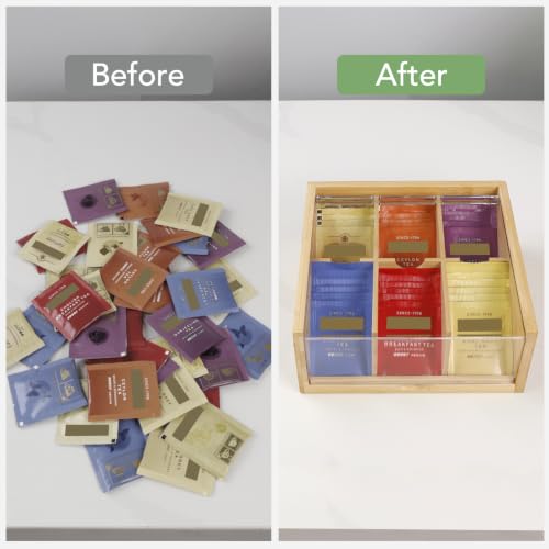 Bamboo Tea Bag Organizer Storage Box with 6 Compartments (Compact-Bamboo)
