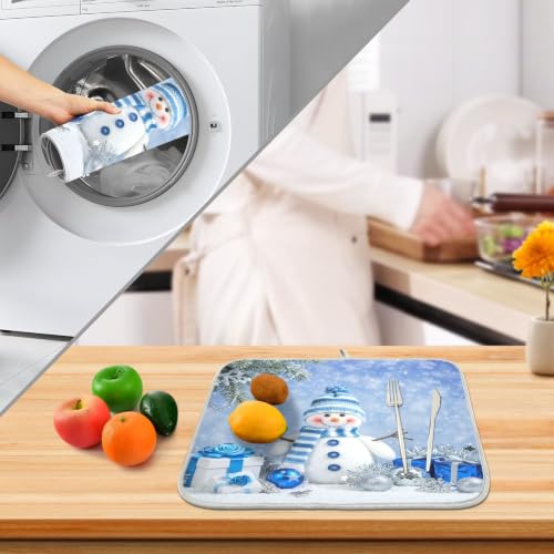 Christmas Snowman Winter Dish Drying Mat for Kitchen Counter Absorbent Microfiber Small Drying Pad Dish Mats Snowflake for Kitchen Countertops 16 x 18 Inch (Christmas Snowman Blue / 18" x 16")