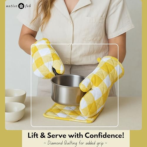 Buffalo Plaid Check Oven Mitts and Pot Holders Set of 4 (Buffalo, Lemon Yellow)