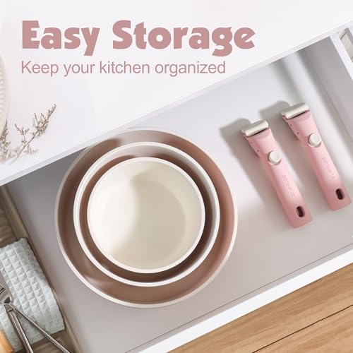 24 Piece Ceramic Detachable Handle Pots and Pans Set Pink (Pink / 24 Piece)