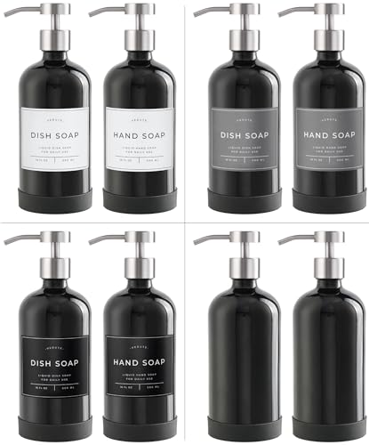 Hand and Dish Soap Dispenser for Kitchen and Bathroom (Gloss Black Bottle / Brushed Silver Pump)