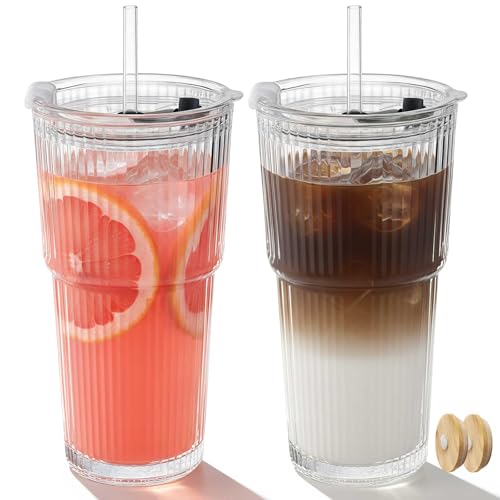 Ribbed 2pack 20oz Glass Cups with Bamboo & Plastic Lids and Straws (Transparent with Stripe / 20oz-2pack)