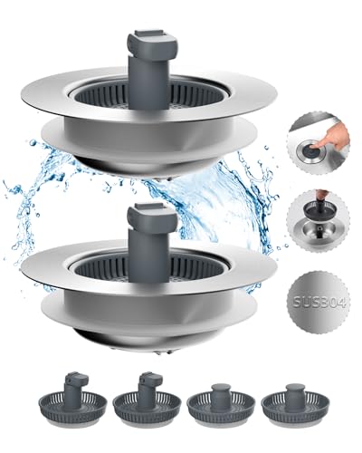 2 Pack 3 in 1 Kitchen Sink Drain Strainer and Stopper Combo (2P-SUS304 Drain Part with 3 Strainers)