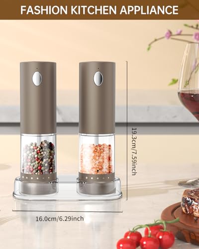 Electric Salt and Pepper Grinder Set Rechargeable Salt and Pepper Mills with Storage Base (Brown)