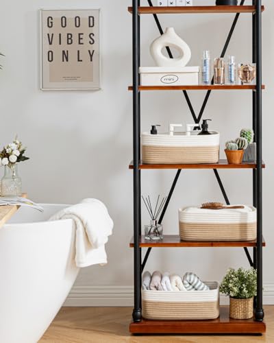 Small Woven Storage Basket for Organizing (White & Brown / 13.5"L x 9.5"W x 5"H)