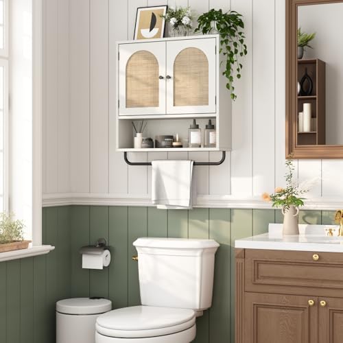 Rattan Bathroom Wall Cabinet (Rustic White / 2 Doors)